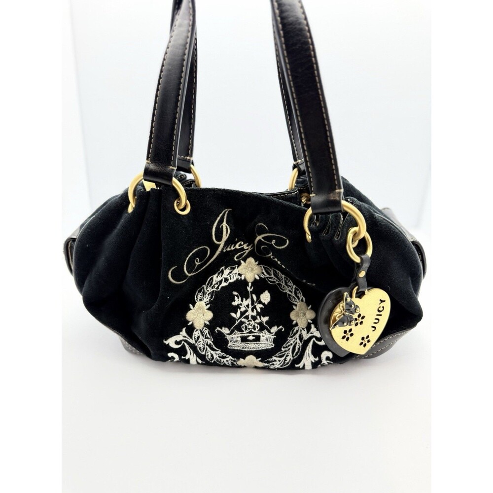 Juicy Couture Black Velour Embroidered Shoulder Bag Purse Heart Charm Y2K Vtg